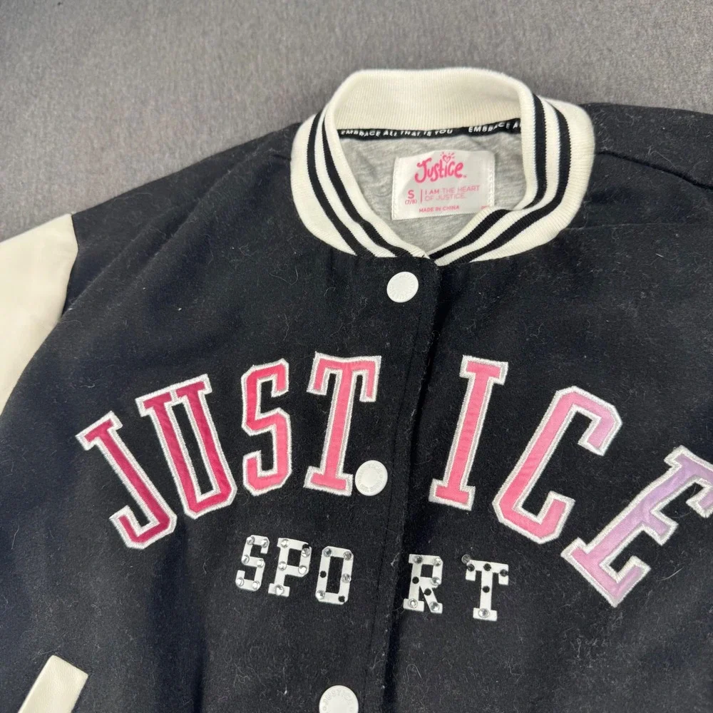 Justice Sport Girls Varsity Jacket Black White Pink Smiley Face Size S 7/8